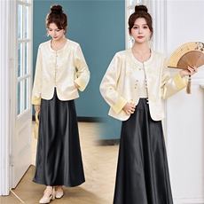 新中式G风套装女2026春新款优雅时尚复古盘扣刺绣文艺范两件套裙，女装套装/套裙，时尚俏佳人