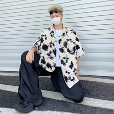 ins美式复古设计感古巴领短袖花衬衫男夏季宽松痞帅衬衣，男装衬衫，星座716-4