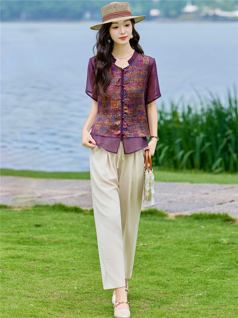 现货2026年夏季新款中式时尚两件套装女小衬衫加马甲天丝麻小脚裤,女装套装/套裙,璐依舞