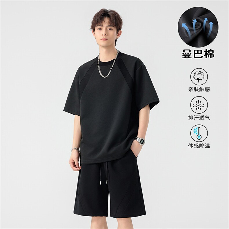 特批P58无差价25夏季休闲百搭曼巴棉重磅两件套装男T5098+DK5849,男装休闲套装,电商A001