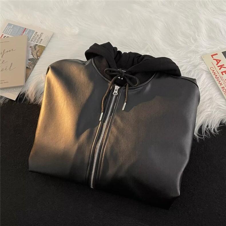 连帽皮衣男春季高级感痞帅美式高街宽松工装机车服外套W9221P75,男装夹克,星座1116-2