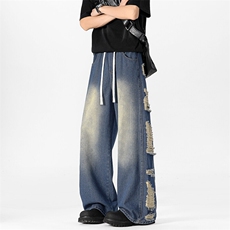 美式复古夏季新款2025破洞水洗牛仔裤男阔腿长裤子-A2009TP48控88，男装牛仔裤，电商B241