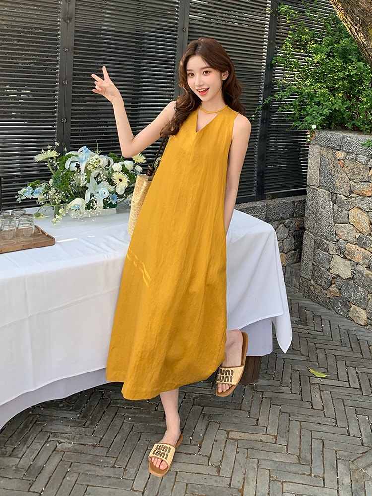黄色简单大方的连衣裙女夏季2025新款宽松休闲松弛感无袖背心裙子,女装连衣裙,浙宝276（原081）