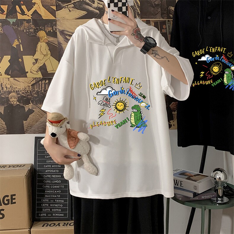 LD54219-P45连帽短袖t恤男大码胖子带帽五分袖中袖海报风,男装T恤,电商A040