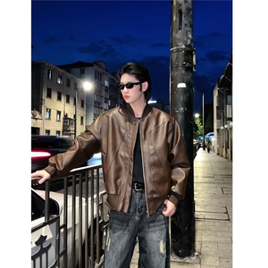 美式解构pu皮衣外套男cleanfit短款机车夹克春1008-LJK83411-P65图片