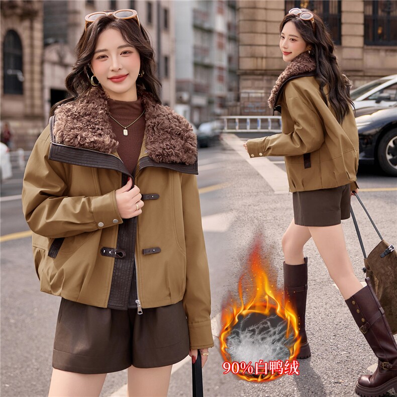 【bao款大货已出】2025冬装新款拼接PU皮仿滩羊毛外套90%白鸭绒，女装羽绒服，雅静靓衣