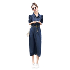欧货时尚牛仔连衣裙女2024夏季新款修身洋气减龄泡泡袖衬衫中长裙，女装连衣裙，E百度