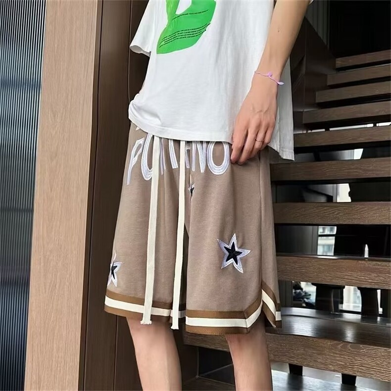 美式重磅篮球短裤男款夏季潮牌星星印花五分裤欧美高街运动休闲裤,男装牛仔裤,星座410-7