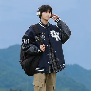 JK5872-P85 美式拼接刺绣皮质撞色棒球服飞行员夹克外套 控149图片