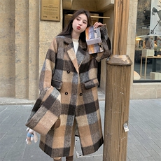 美拉德羽绒内胆格纹呢大衣女秋冬2024新款加厚赫本风毛呢外套爆款，女装羽绒服，2C283