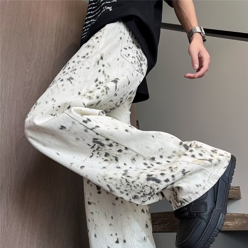 美式复古豹纹迷彩牛仔裤男生穿搭高级感裤子休闲直筒裤潮图片