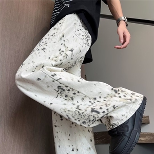 美式复古豹纹迷彩牛仔裤男生穿搭高级感裤子休闲直筒裤潮图片