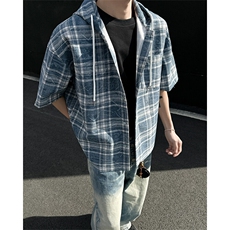 CS6016-特P30控58夏季美式复古格子连帽短袖衬衫男女接头宽松，男装衬衫，电商A058-1（原电商C417）