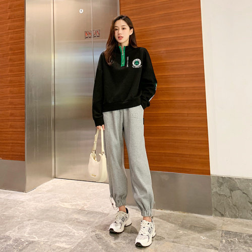 黑色刺绣套头卫衣女宽松嘻哈中性风运动休闲套装长袖2022年春季新,女装卫衣/绒衫,梦懿尔