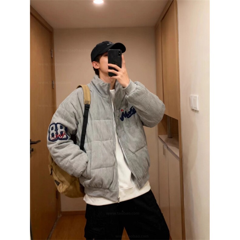 美式高街复古灯芯绒冬季刺绣立领棉服男女潮牌宽松面包服情侣外套图片
