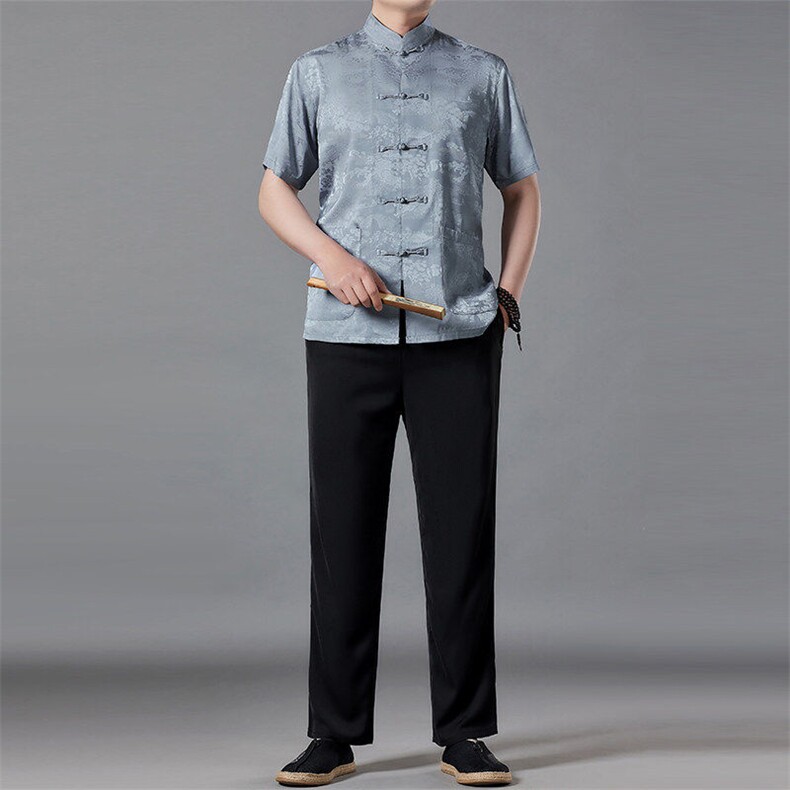 风高品质山水画提花唐装男装夏季透气中式汉服爸爸套装,男装休闲套装,钱塘6003（原4033）