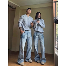 网络图，美式复古男女新款夏季微喇直筒裤牛仔裤XZ302B-1-N30P45，男装牛仔裤，星座302B-1