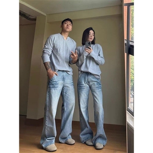网络图，美式复古男女新款夏季微喇直筒裤牛仔裤XZ302B-1-N30P45图片