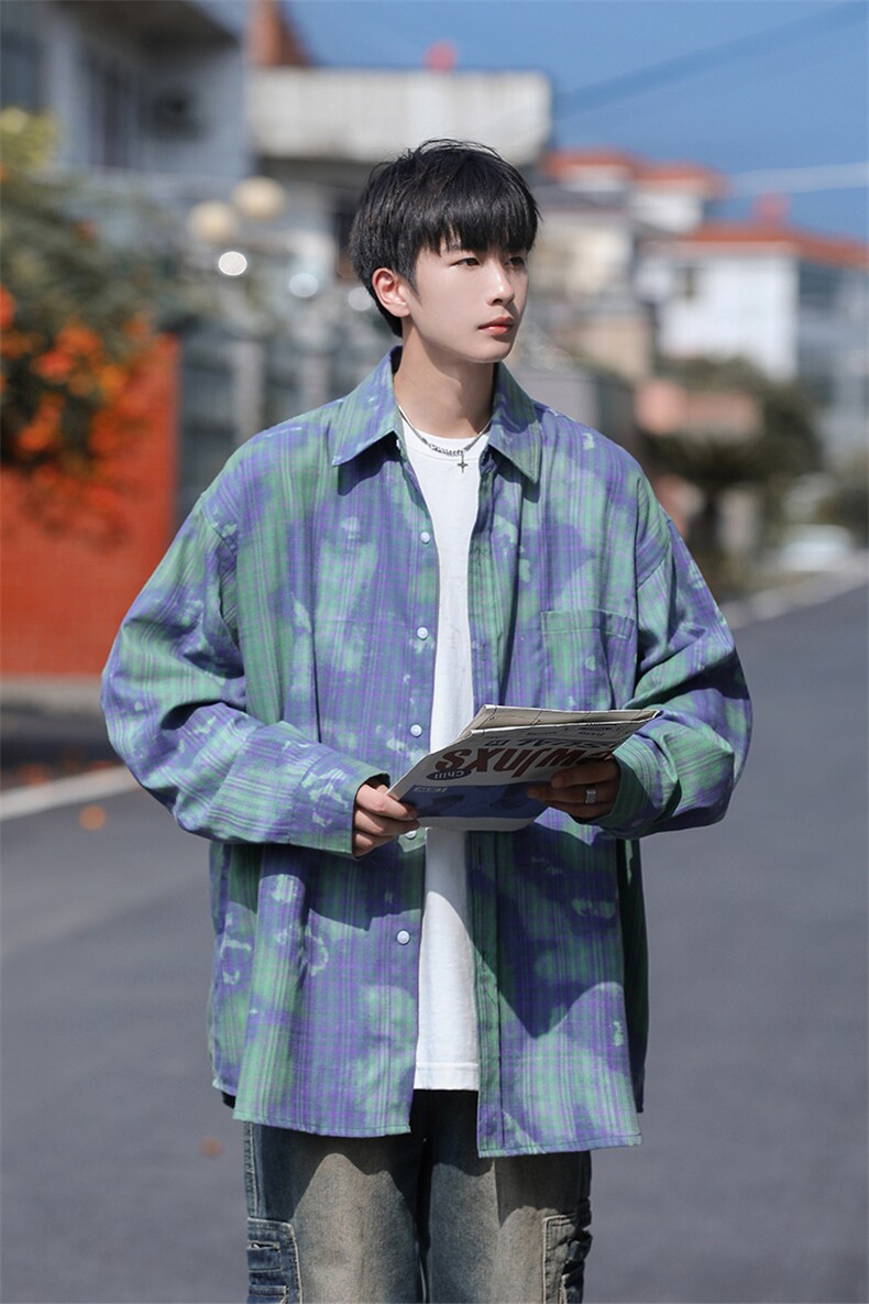 抖音品质渐变色长袖衬衫男生日系宽松潮牌衬衣CS7221P5588,男装衬衫,电商B413-1
