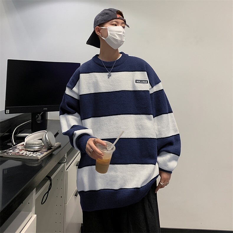 针织衫男韩版潮流条纹拼色高街帅气2024冬季ins宽松毛衣MZ227-P46图片