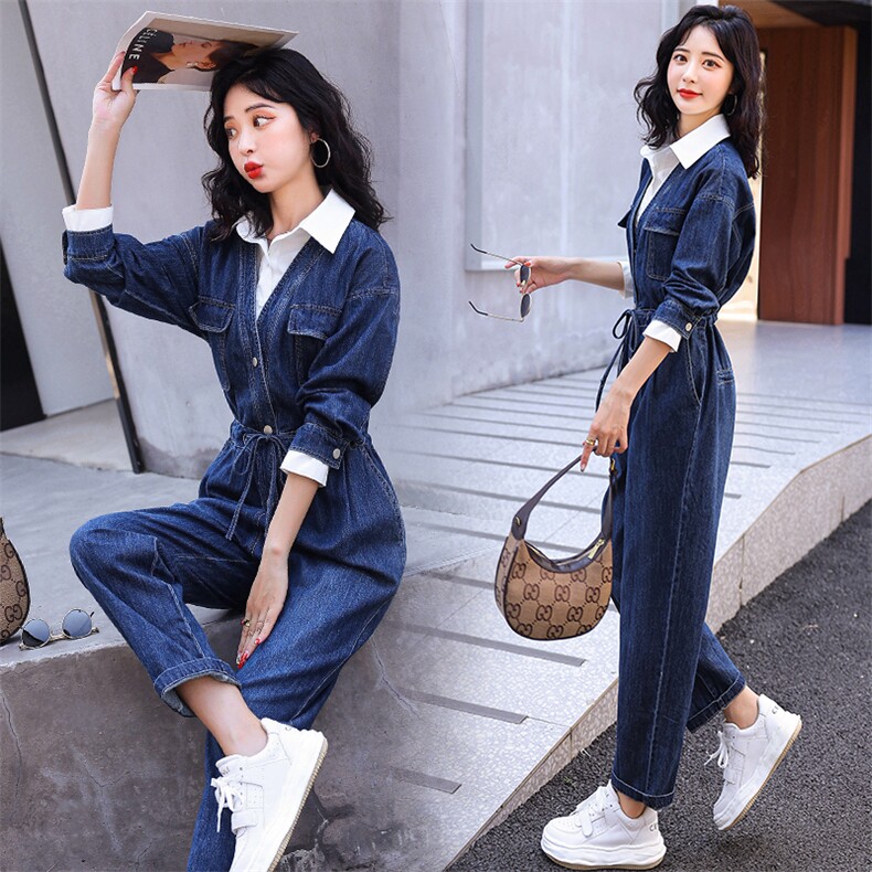 假两件工装牛仔连体裤女春秋高级感2025新款气质连衣裤女神范，女装连体裤，霓裳依族