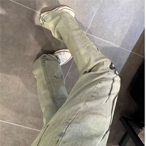 潮牌时尚炸街裤子男款美式高街火焰黄泥直筒牛仔裤夏季薄款微喇裤图片