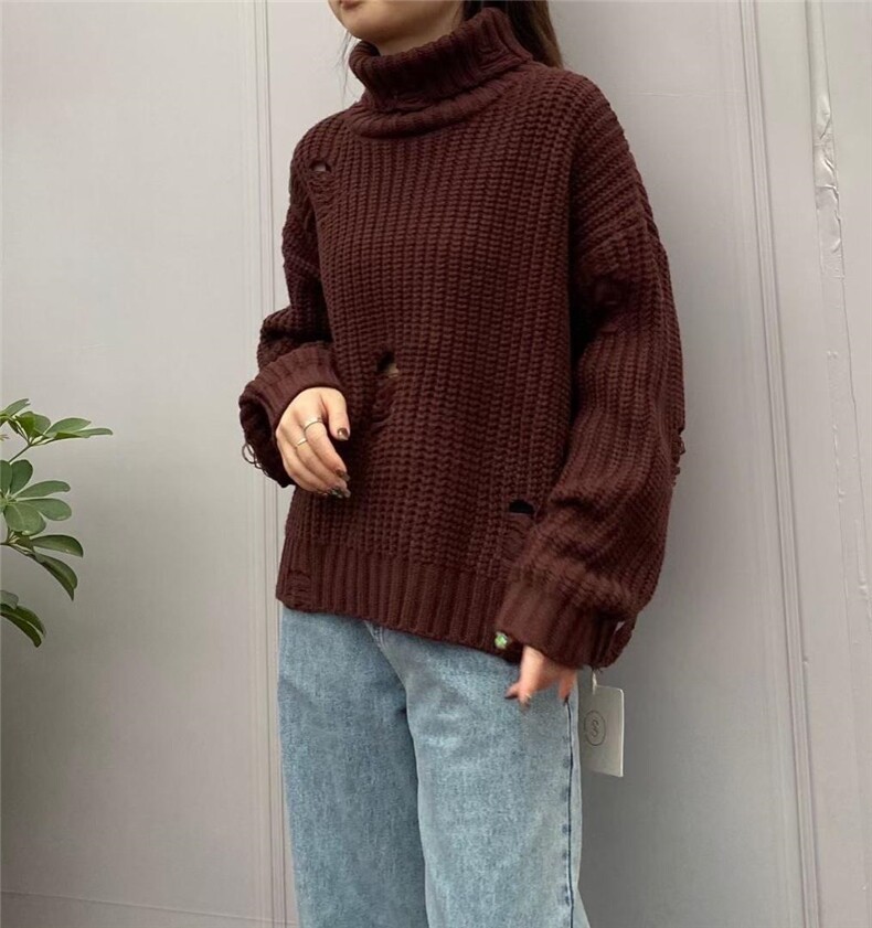 高领破洞毛衣，女装针织衫/毛衣，SMOOTH