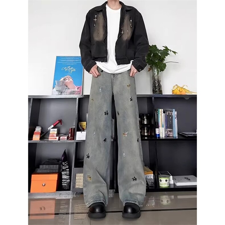 趣味小狗刺绣牛仔裤男款春秋季美式复古水洗做旧显瘦直筒百搭长裤,男装牛仔裤,四季星座505