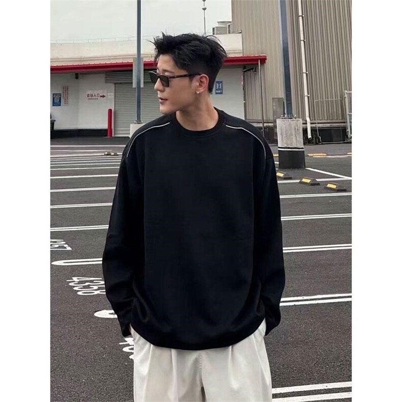 抖音得物高品质26春装设计感长袖打底衫纯色拉链肩圆领卫衣W123,男装T恤,电商A486-1
