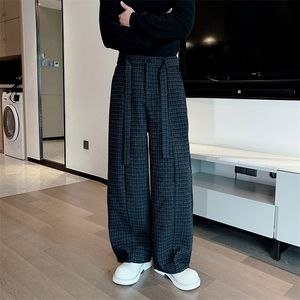 秋冬新款高级小众宽松加厚毛呢格子休闲弯刀阔腿长裤男K1005-P78
