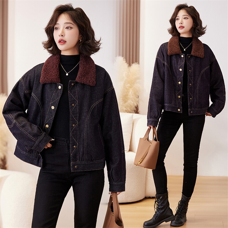 2024秋冬新款翻领潮流牛仔短外套女夹旅行出街夹棉保暖外套潮，女装牛仔外套，江南女神