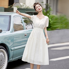 时尚气质优雅短袖连衣裙女2025夏季新款收腰显瘦休闲长裙，女装连衣裙，曼琳思菲