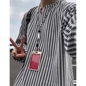 美式高街千鸟格子长袖T恤男女亨利V领英伦雅痞休闲宽松长袖打底衫图片