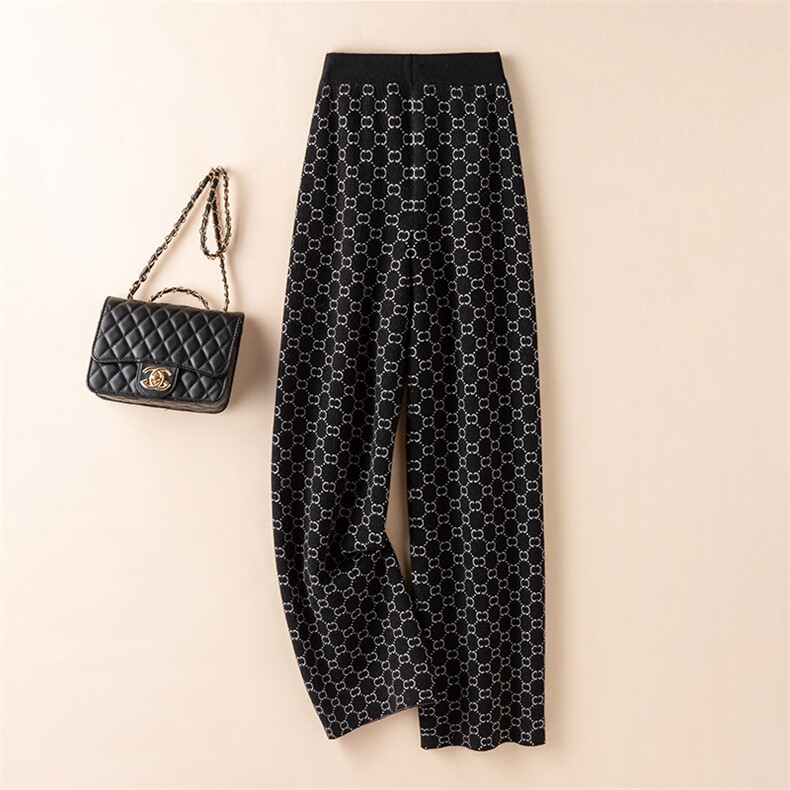 时尚秋冬新款亲肤花纹针织阔腿裤舒适百搭显瘦高腰长裤，女装休闲裤，欣美羊绒