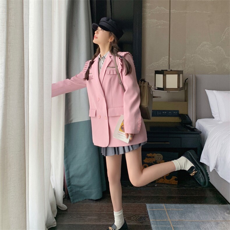 现货26新款秋装粉红色可脱卸木耳边小香风西装女182-8508P135K188,女装西装,帛香坊