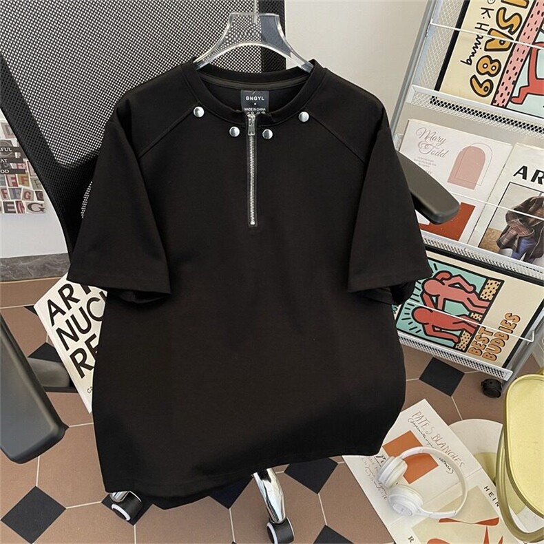 港风夏款男铆钉T恤短袖拉链宽松T恤衫T99P40,男装T恤,星座1013-1