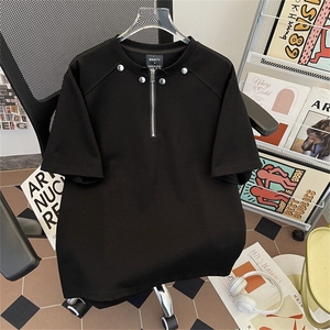 港风夏款男铆钉T恤短袖拉链宽松T恤衫T99 P40图片