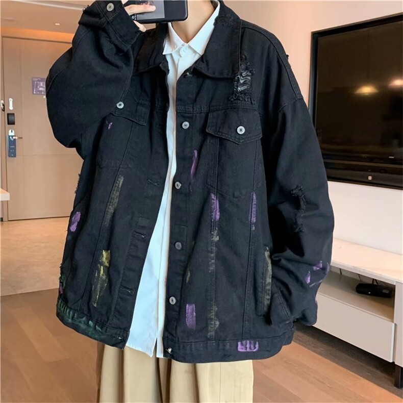 涂鸦牛仔外套男春秋潮牌夹克破洞痞帅炸街休闲ins高街JK3001-P65，男装夹克，星座1008-1