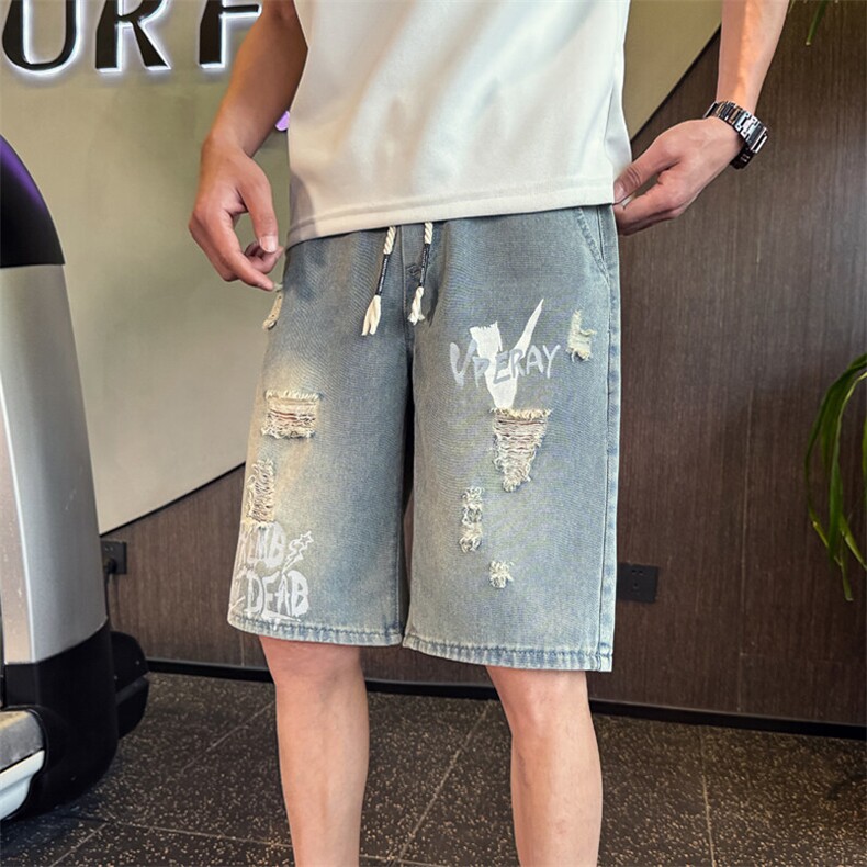 2025新款水洗牛仔短裤男士破洞印花休闲夏季五分裤男901N02P38,男装牛仔裤,星座901