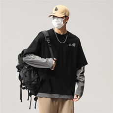 长袖t恤男春秋美式高街潮牌圆领春季宽松假两件卫衣8083-P46控89，男装T恤，电商D215