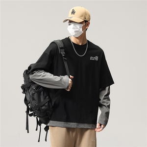 长袖t恤男春秋美式高街潮牌圆领春季宽松假两件卫衣8083-P46控89图片