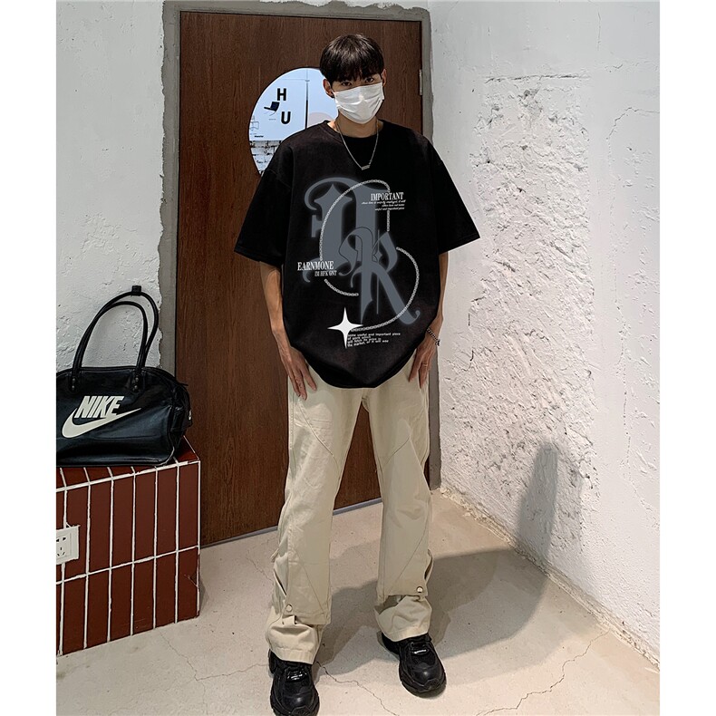 情侣装2026夏季新款美式高街印花麂皮绒宽松短袖T恤半袖D276P38,男装T恤,电商A335-1（原A458）