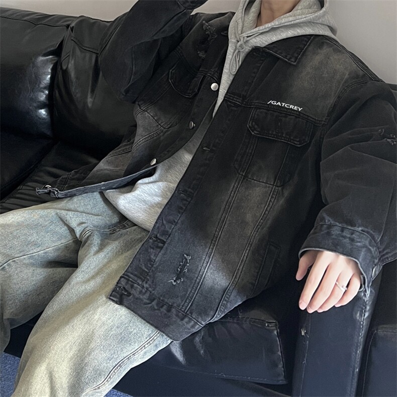 高品质秋款男牛仔夹克工装破洞字母印花外套JK0105P60,男装夹克,星座1013-1
