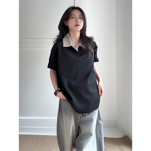 得物抖音高品质二开 夏季美式潮牌假两件格子衬衫翻领高街短袖T恤图片