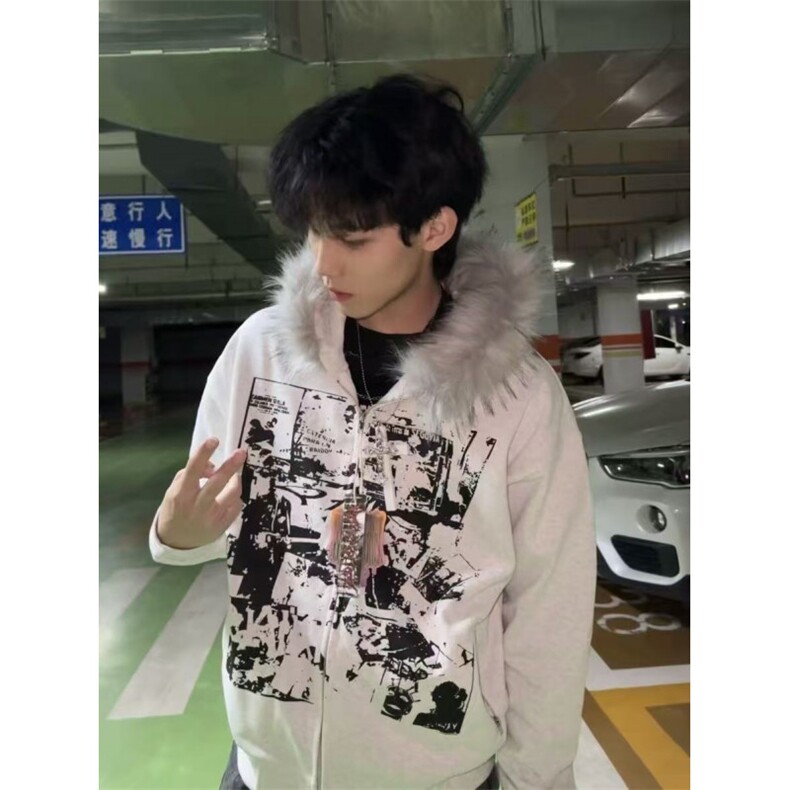 5709-P66现货加绒#原版做法毛领+裁片印+口袋拉链宽松外套图片