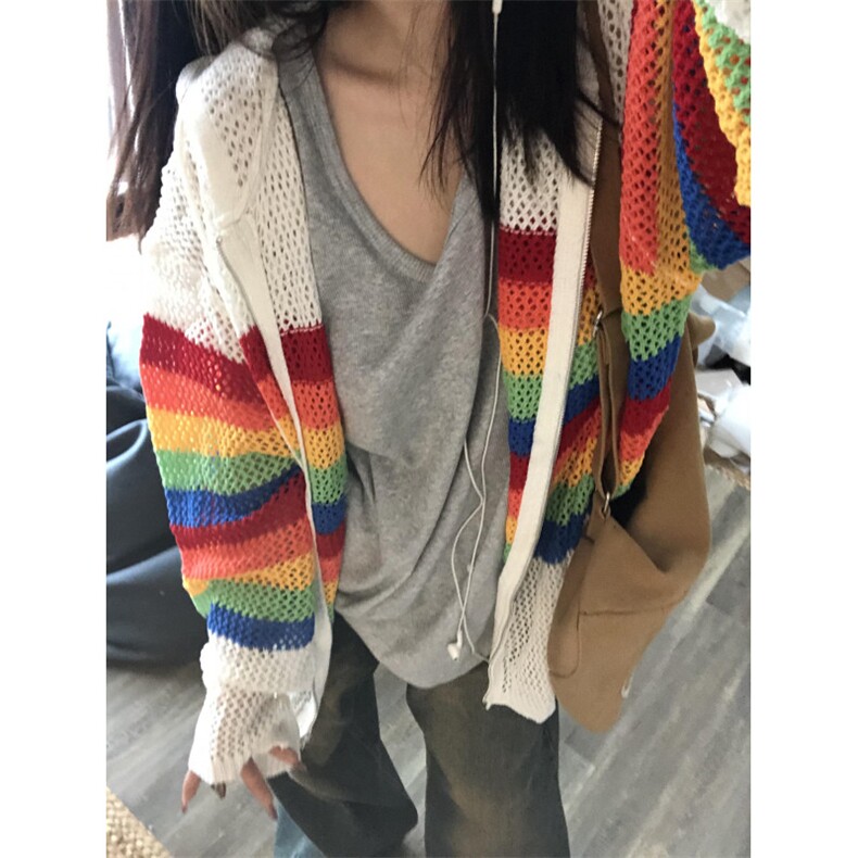 【有货】彩虹镂空连帽针织开衫男女罩衫情侣衬衫外套2401CC-特P48,男装衬衫,星座1007（原301D）