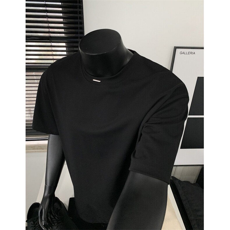 得物抖音品质二开240克重磅宽松纯棉美式简约金属装饰短袖T恤,男装T恤,电商A486