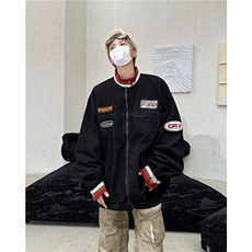 潮牌美式复古立领做旧情侣牛仔外套男春季贴布机车夹克，男装工装外套，星座716-3