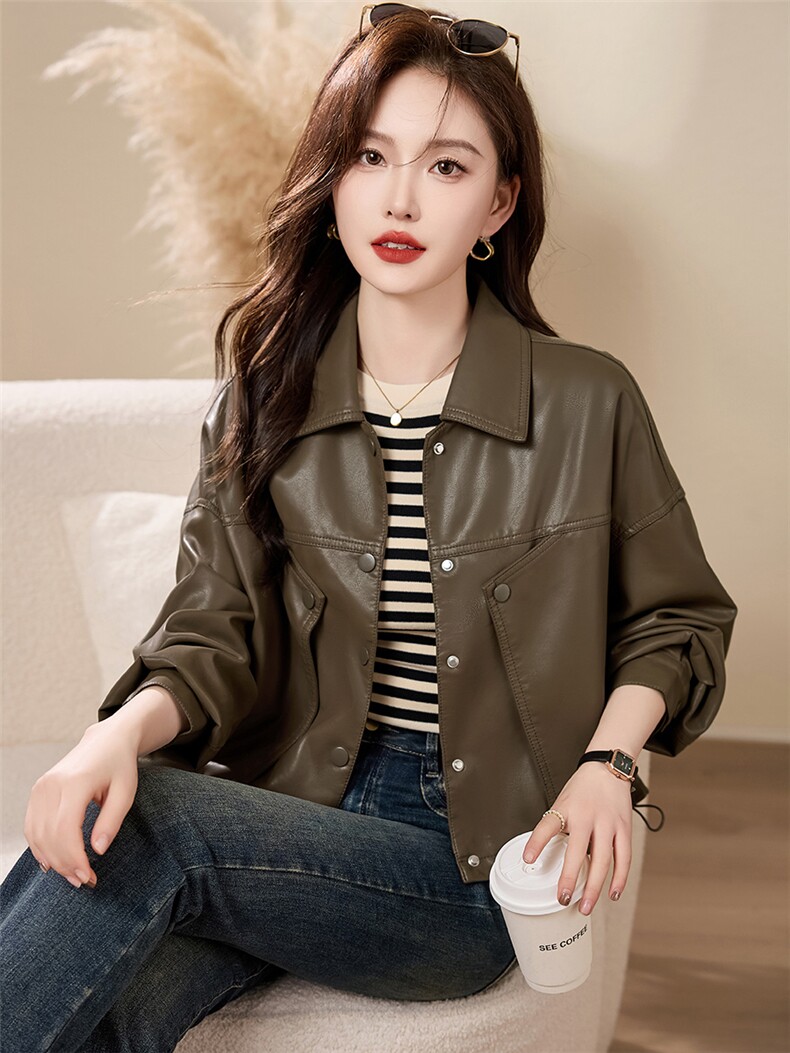 现货宽松蝙蝠袖绿色PU皮衣2024春装新款女装时尚百搭显瘦皮外套女,女装皮衣,潮流依族
