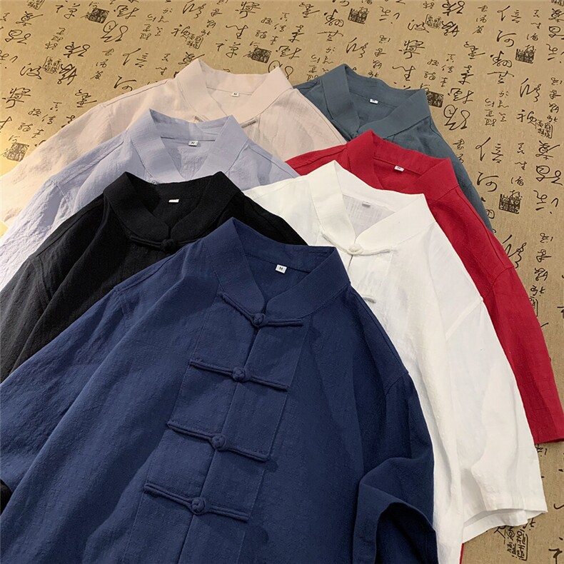 现货主推棉麻衬衫唐装一字扣短袖T中风半袖男上衣CS08-P55，男装衬衫，星座217-5